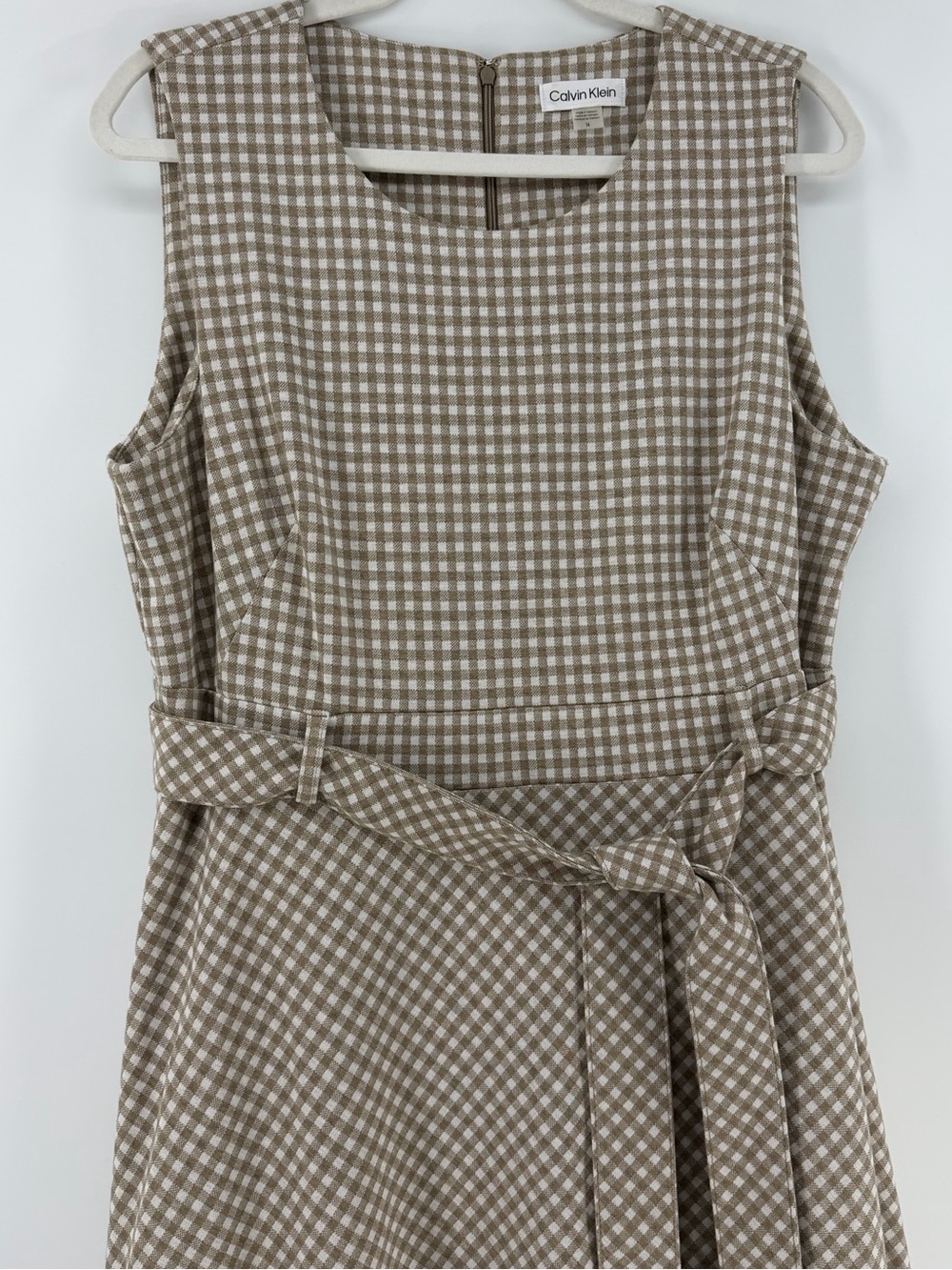 Calvin Klein Taupe White Gingham Tie Waist Sleeveless Midi Dress, Women's 14 - Picture 2 of 7
